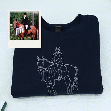 Custom Horse Portrait Hoodies - Line Art Equestrian Embroidered Sweatshirts - Rider Artwork