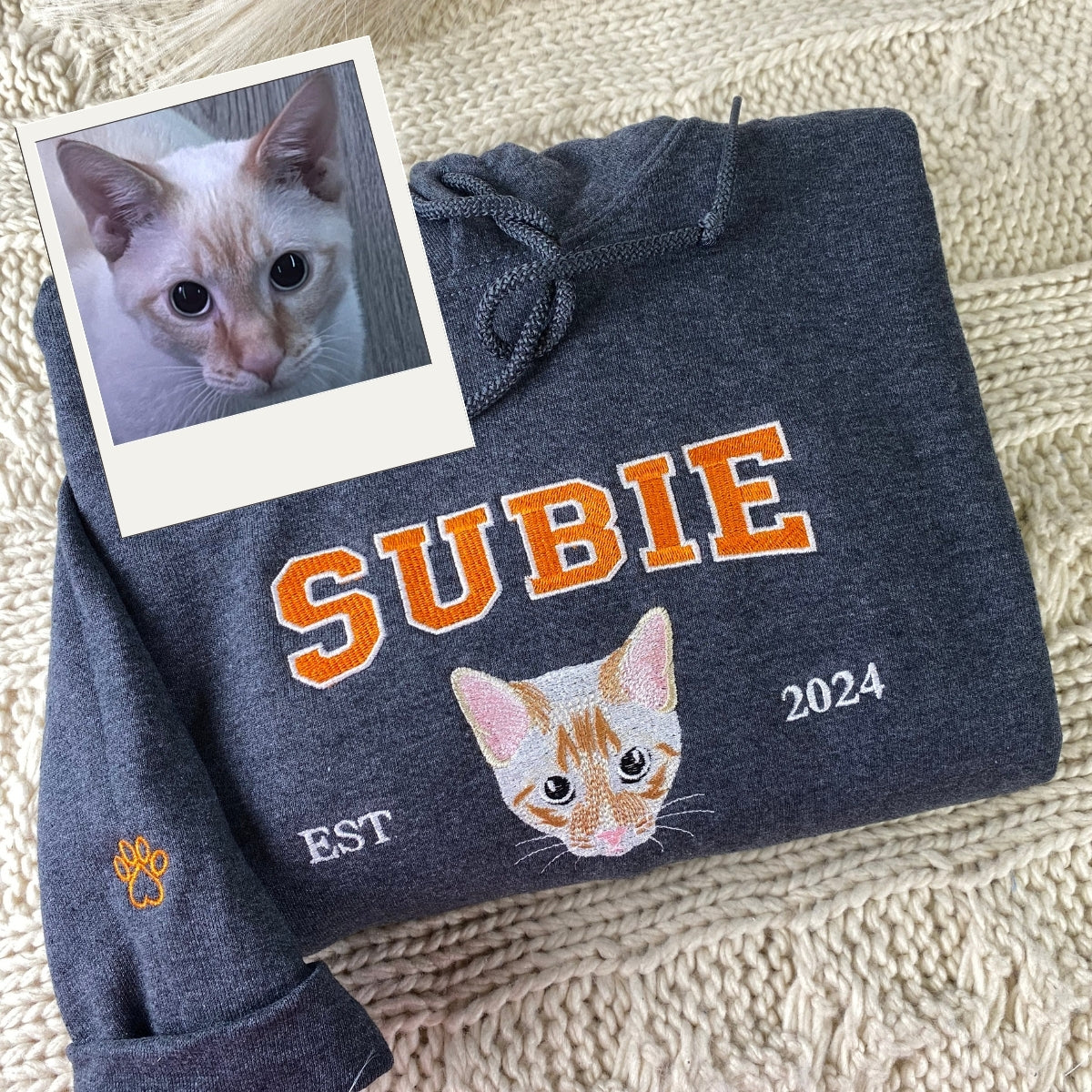 Custom Cat Est Year Hoodies - Personalized Pet Portrait Varsity - Cat Anniversary Commemoration Apparel