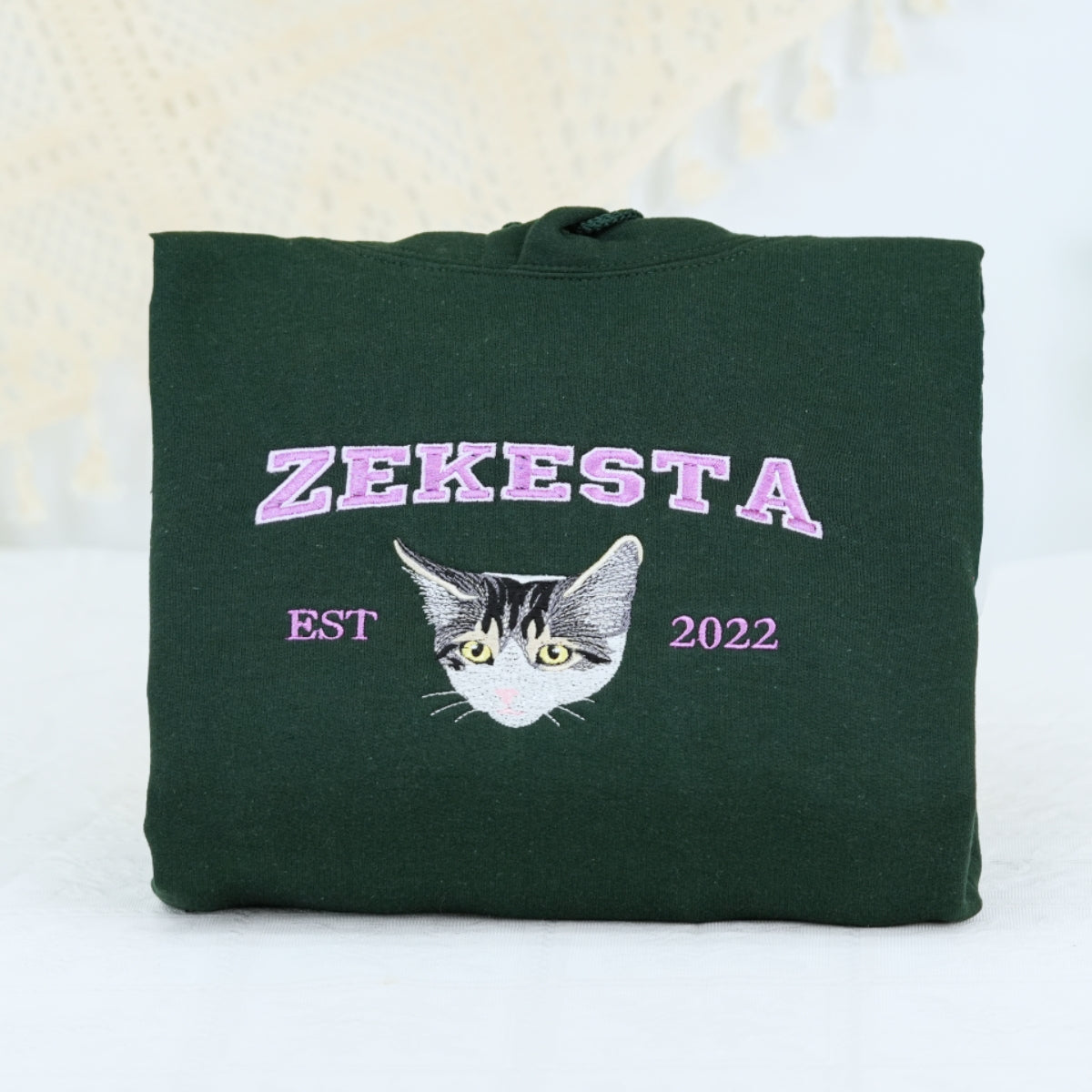 Custom Cat Portrait Embroidered Sweatshirts - Personalized Varsity Cat Face Hoodies - Perfect Cat Parent Gift