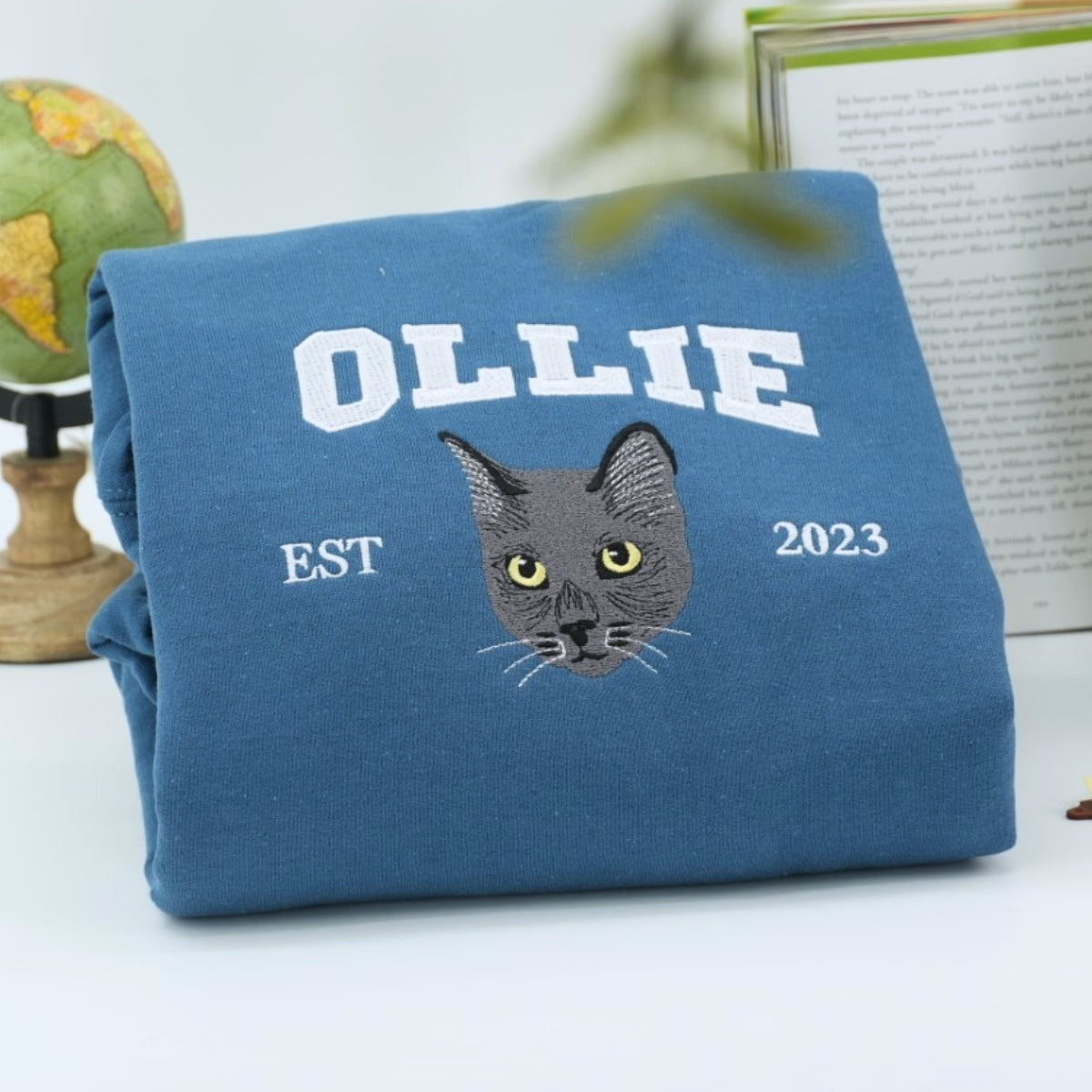 Custom Cat Portrait Embroidered Sweatshirts - Personalized Varsity Cat Face Hoodies - Perfect Cat Parent Gift