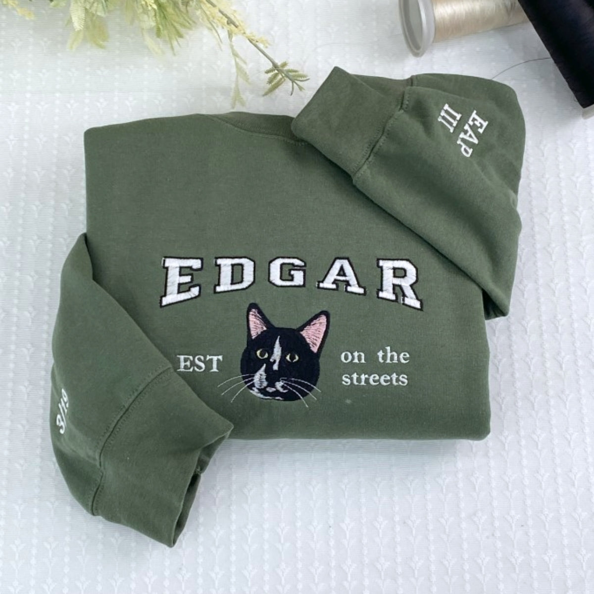 Custom Cat Portrait Embroidered Sweatshirts - Personalized Varsity Cat Face Hoodies - Perfect Cat Parent Gift