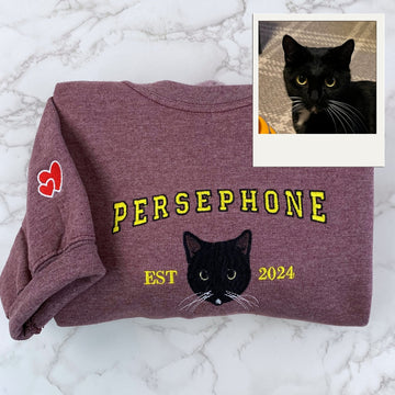Custom Cat Portrait Varsity Hoodies - Personalized Pet Name Embroidery - Cat Mom Varsity Style Gift