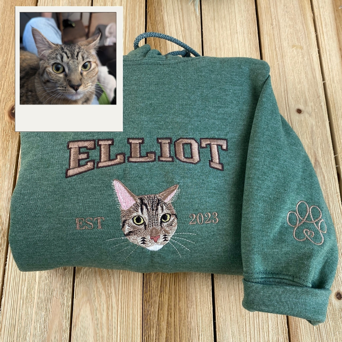 Custom Cat Portrait Varsity Hoodies - Personalized Pet Name Embroidery - Cat Mom Varsity Style Gift