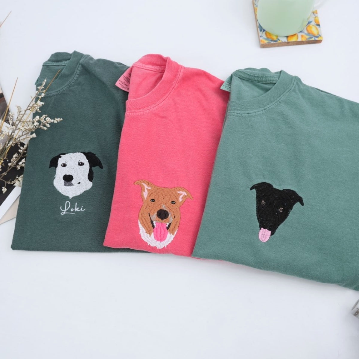 Custom Dog Portrait T-Shirts - Personalized Pet Face Embroidery with Name - Dog Lover Memorial Gift