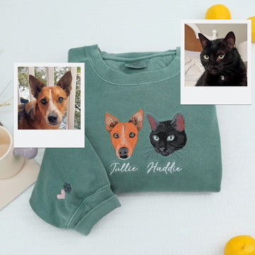 Custom Pet Portrait Sweatshirt with Names - Dog Cat Face Embroidered - Personalized Pet Parent Gift