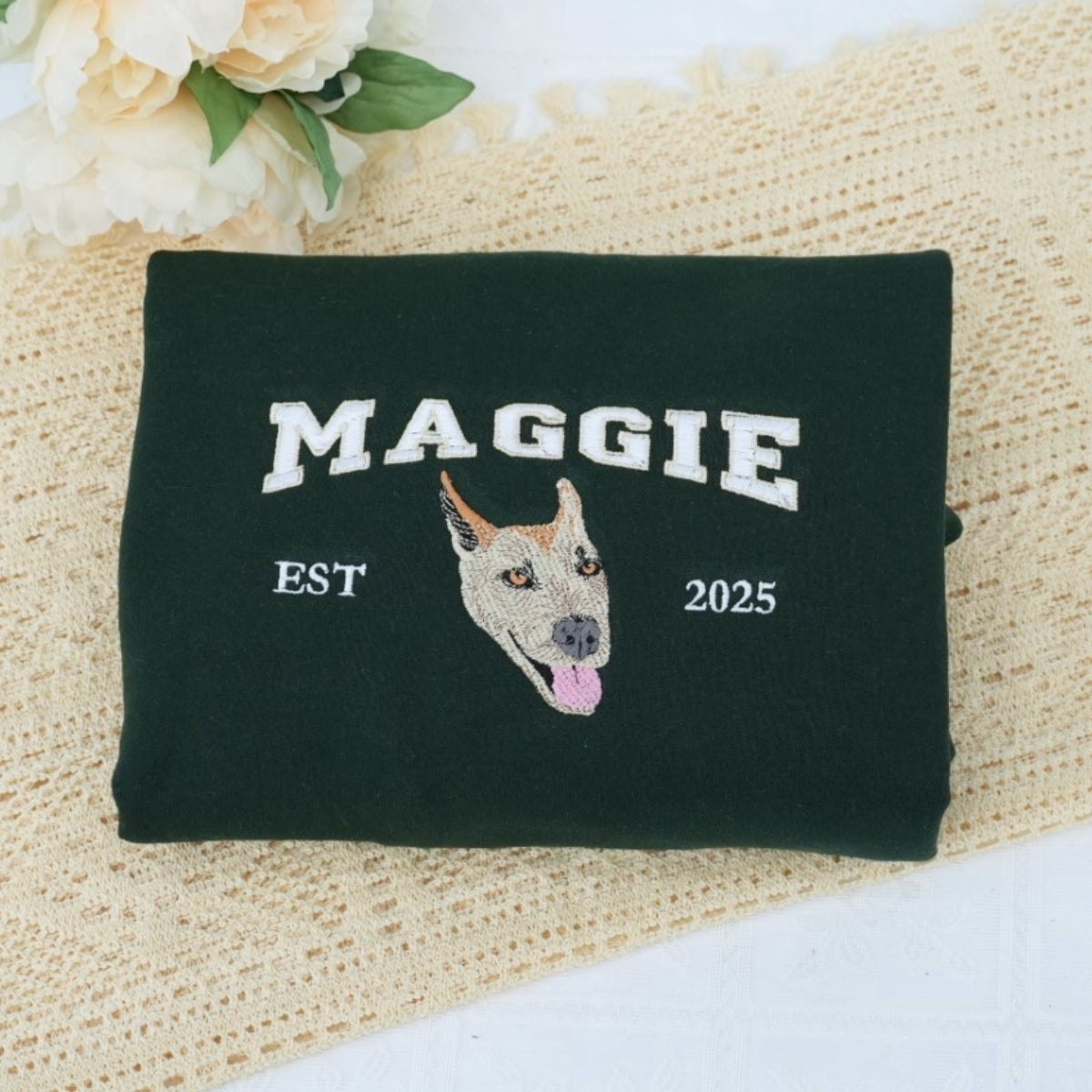 Custom Pet Portrait Sweatshirts - Dog Name Varsity EST Embroidered Shirts - Dog Lover Gift