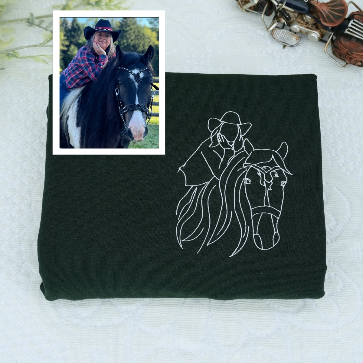 Horse Line Art Hoodies - Custom Equestrian Portrait Embroidered Sweatshirts - Rider Art Gift
