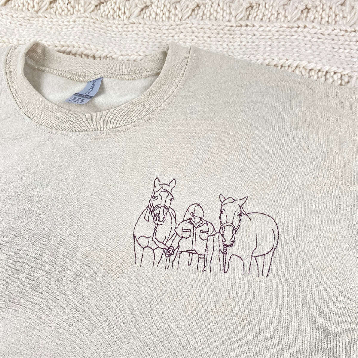 Horse Line Art Hoodies - Custom Equestrian Portrait Embroidered Sweatshirts - Rider Art Gift
