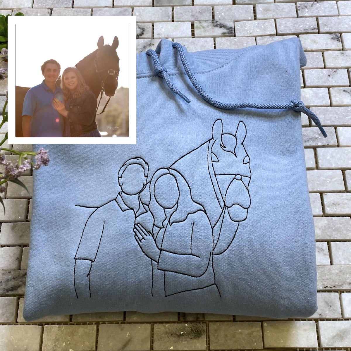 Horse Rider Line Art Hoodies - Custom Portrait Embroidered Apparel - Equestrian Art Gift