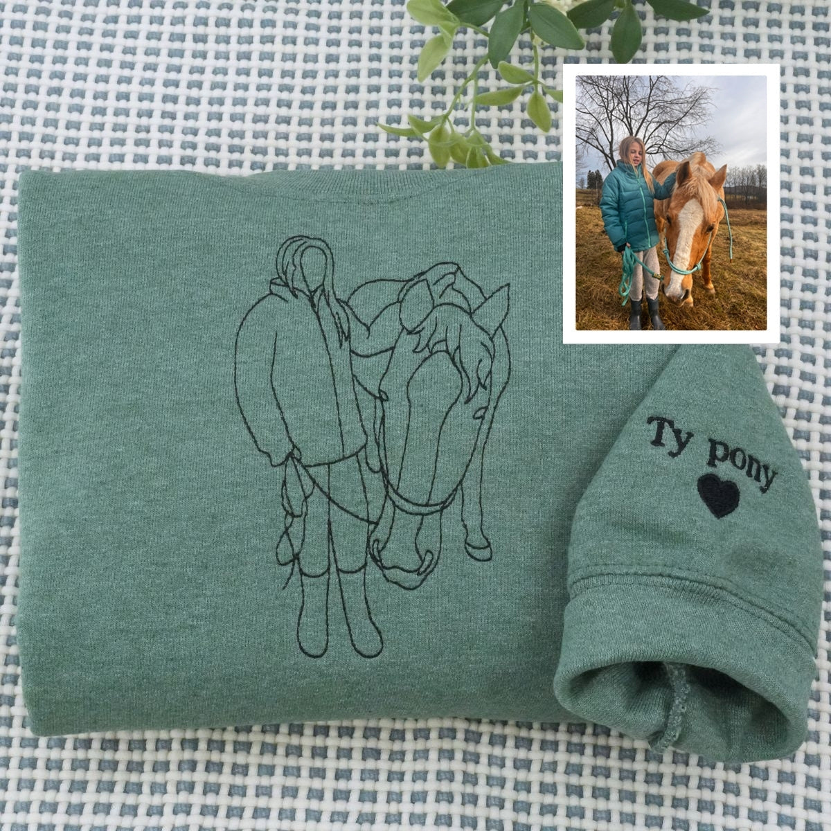 Horse Rider Line Art Hoodies - Custom Portrait Embroidered Apparel - Equestrian Art Gift