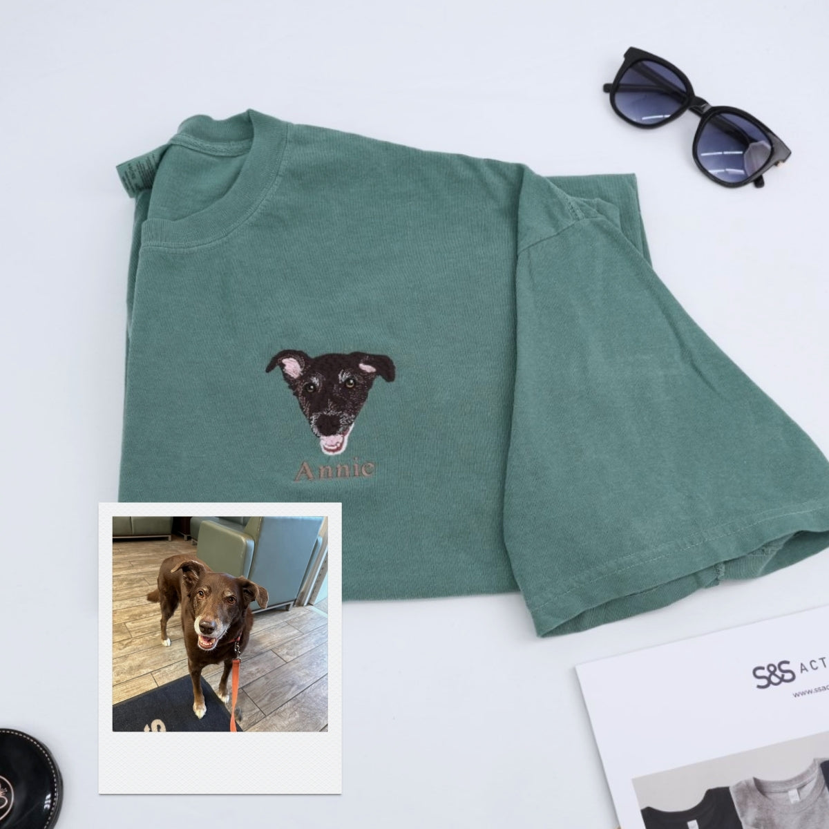 Personalized Dog Portrait T-Shirts - Custom Dog Face Embroidered Shirts - Dog Name Gift for Dog Mom Dad - Premium Pet Memorial Apparel