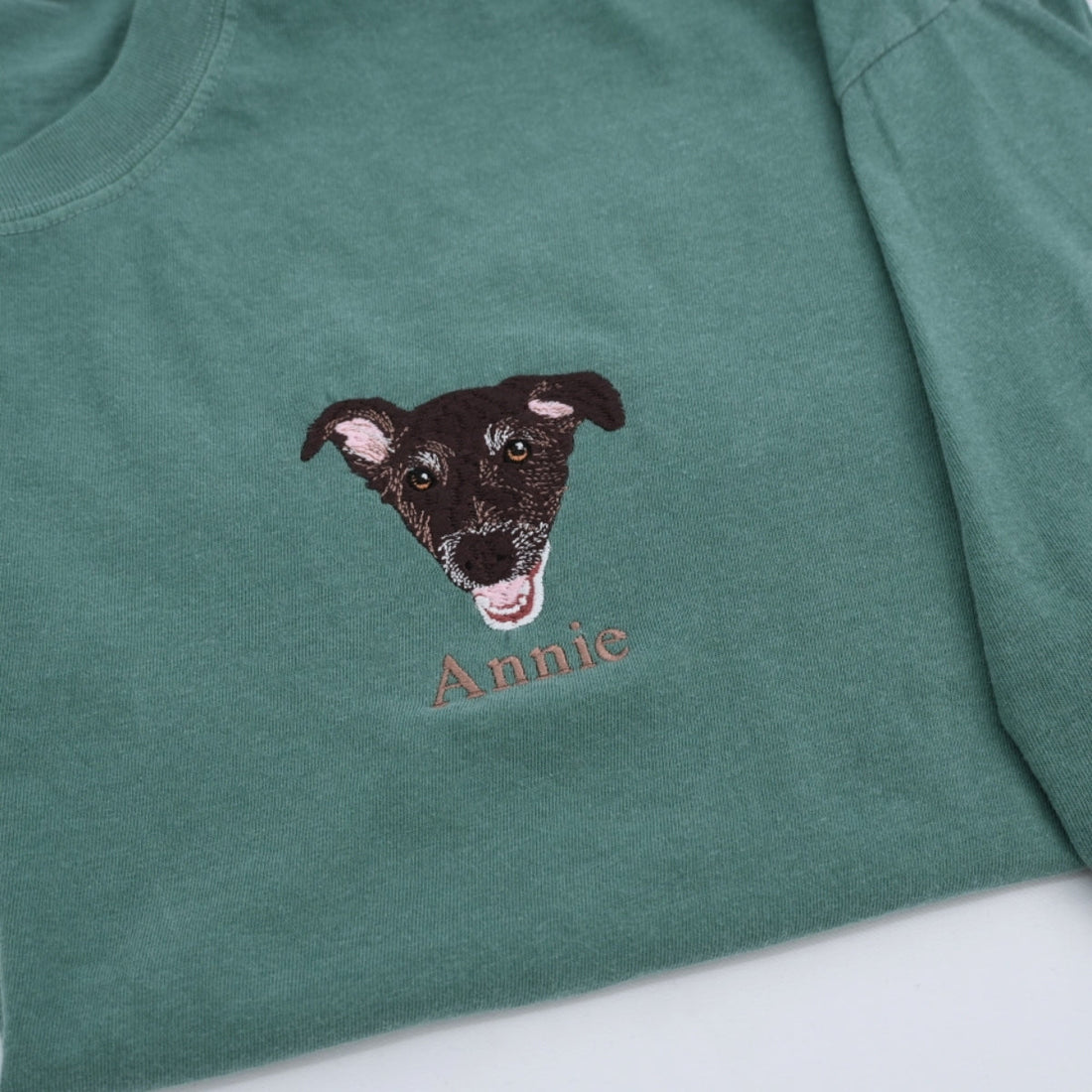 Personalized Dog Portrait T-Shirts - Custom Dog Face Embroidered Shirts - Dog Name Gift for Dog Mom Dad - Premium Pet Memorial Apparel
