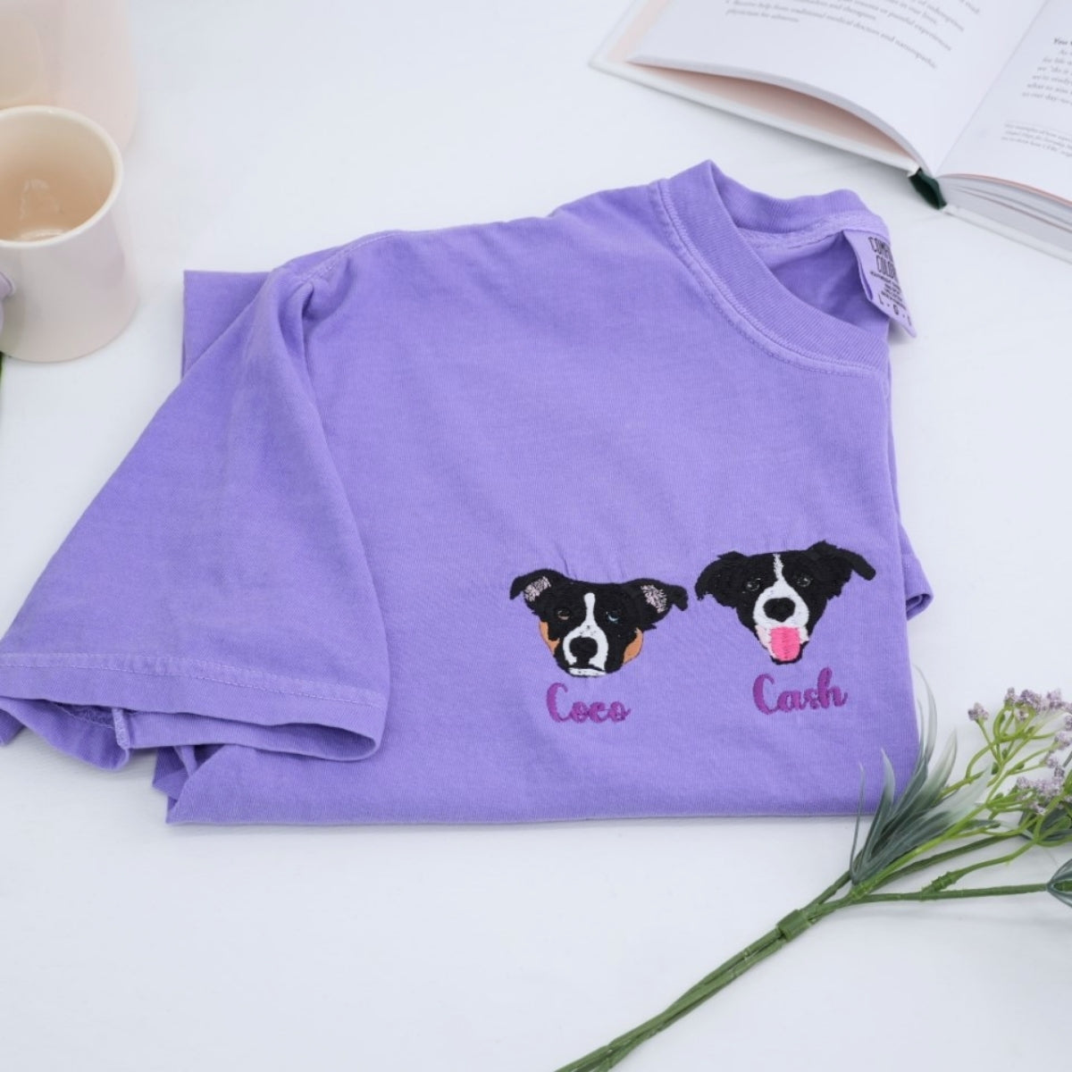 Personalized Dog Portrait T-Shirts - Custom Dog Face Embroidered Shirts - Dog Name Gift for Dog Mom Dad - Premium Pet Memorial Apparel