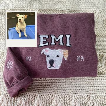 Varsity Pet Portrait Hoodies - Custom Dog College Style Embroidered Sweatshirts - Pet Parent Apparel with Name & Year
